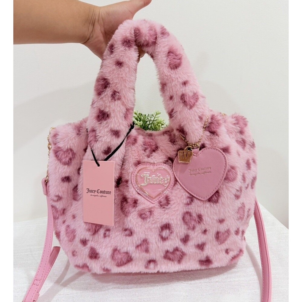 Juicy Couture Warm Up Mini Tote Pink Leopard Cheetah Faux Fur Bag NWT